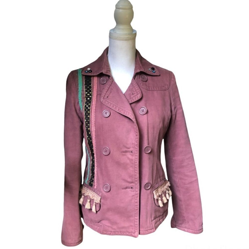 AEO AMERICAN EAGLE DUSTY ROSE VELVETEEN TASSEL EMBELLISHED OOAK PEACOAT SIZE S